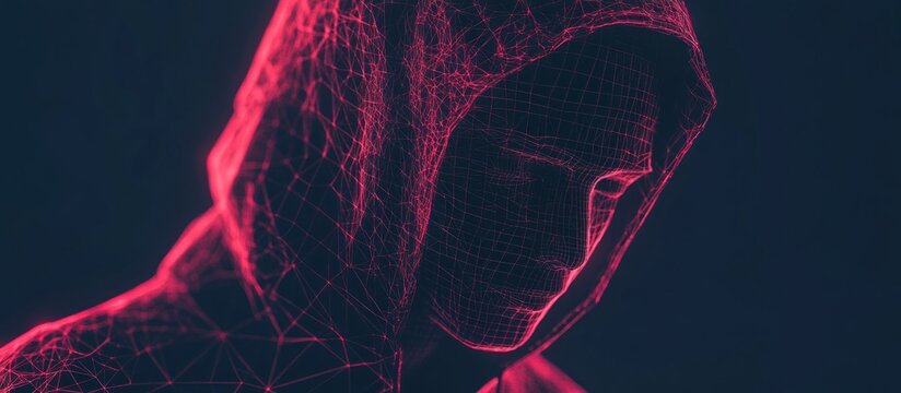 Abstract digital hacker. Cyber security concept. A man wearing a hoodie with a hidden face in front of a computer. Cyber attack and data hack. Fraud man. 3D Render illustration