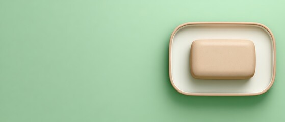 Minimalist soap bar on a white dish with a pastel green background, simple and clean bathroom or skincare product display