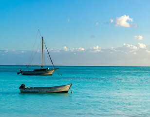 Obraz premium Two small boats on a tranquil turquoise ocean at dawn