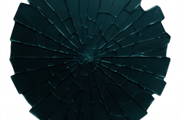 Broken glass fragments forming dynamic radial pattern, transparent backdrop highlighting geometric shatter design