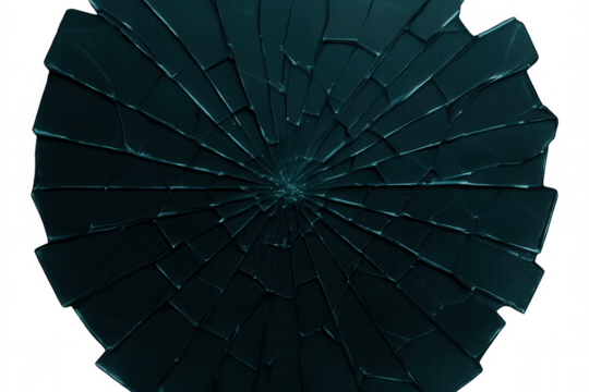 Broken glass fragments forming dynamic radial pattern, transparent backdrop highlighting geometric shatter design