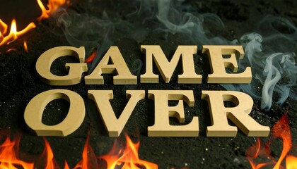 Wooden letters spelling "GAME OVER" on a dark surface with fire and smoke