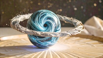 A stylized sphere spinning in a ring of swirling dust