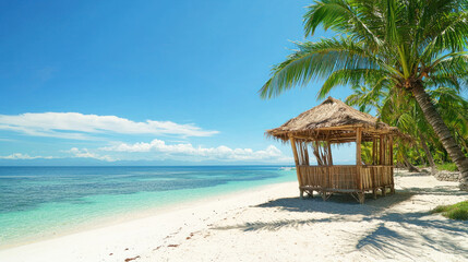 Fototapeta premium A tropical bamboo hut on a white sand beach with clear turquoise waters and palm trees.