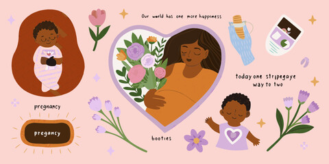 Happy pregnant mother holding flowers with baby and medical symbols on pink background