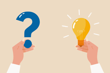 Hands holding a blue question mark and a glowing light bulb representing problem solving and finding solutions
