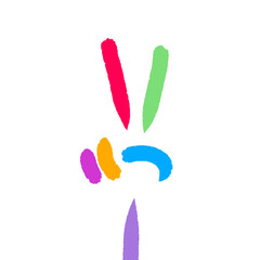 Abstract victory hand sign with rainbow brush stroke design on transparent background