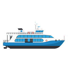 Fototapeta premium A blue and white ferryboat on a white background It has windows life rings and a radar