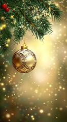  Golden Christmas bauble hanging on evergreen pine tree branch, glittering background, festive holiday greeting card template with copy space