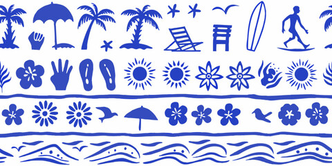 Seamless pattern of blue beach and summer icons on a white background
