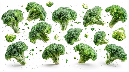 Fresh Green Broccoli Florets Flying in Air Against White Background