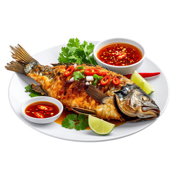Culinary Delight Isolated On White Background: A meticulously plated culinary creation features a golden-brown, crispy whole fried fish, tantalizingly presented with zesty garnishes. 