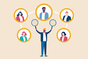 Man with magnifying glasses looking at people in circles representing a network or team