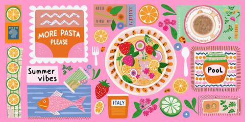 Vibrant summer food and drink collage with italian and pool themes