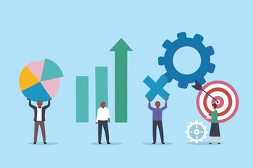 Diverse team collaborating on business growth and achieving goals with data analysis and strategy