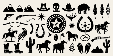 Collection of western and cowboy icons and symbols in silhouette style