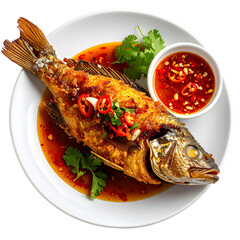 Golden Delight Isolated On White Background: A meticulously presented, crispy fried whole fish sits on a pristine white plate, nestled in a vibrant red sauce. 
