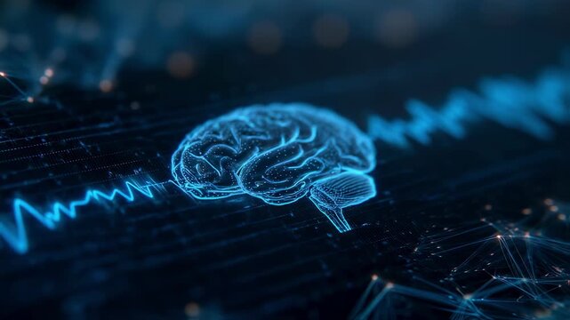 Closeup of a neural interface control panel with digital brainwave patterns clearly visible surrounded by a blurred network of data connections symbolizing telepathic