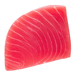 Exquisite Tuna Steak Isolated On White Background: A vibrant close-up showcases a fresh, raw tuna steak, displaying the rich red hue and intricate marbling that is a testament to its premium quality. 