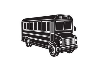 Public school bus vector silhouette, black transport vehicle icon illustration.