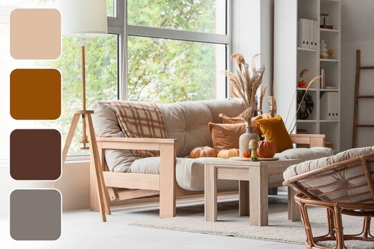 Interior of light living room with autumn decor, sofa and wooden table. Different color patterns