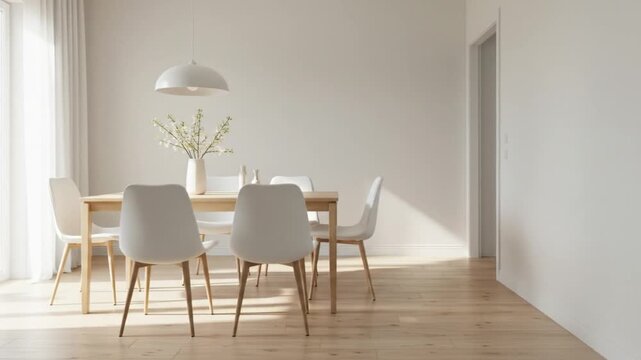 Bright dining room with light wood table white chairs vase lamp hardwood floors white walls and a doorway