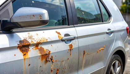 Rusty Car: A close-up captures a weathered car door marred by patches of rust, exposing the raw decay of metal under an overcast sky.