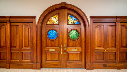 Obraz premium Entrance Elegance: A beautifully crafted wooden door stands as an inviting entrance, showcasing fine architectural detail, a touch of artistry with stained glass, and timeless design.