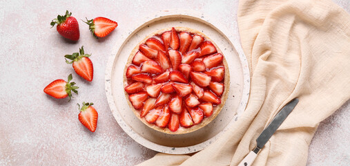 Tray with sweet strawberry tart on white background