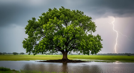 Stunning lightning strikes majestic peepal tree in serene flooded landscape scene