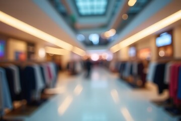 Generative AI Blurred Mall Interior with Apparel Displays.