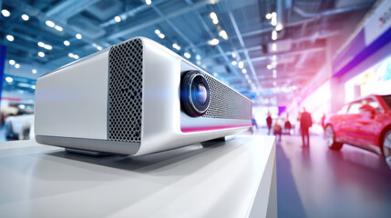Sleek projector conference hall modern design white body blue lens glow mesh grille technology exhibition product display closeup detail with dynamic blur adding energy and anticipation
