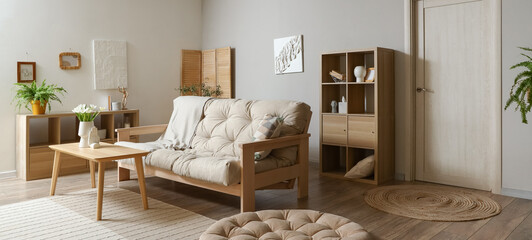 Interior of modern living room with couch and table