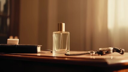 Elegance captured: perfume bottle, journal and timepiece on wooden surface