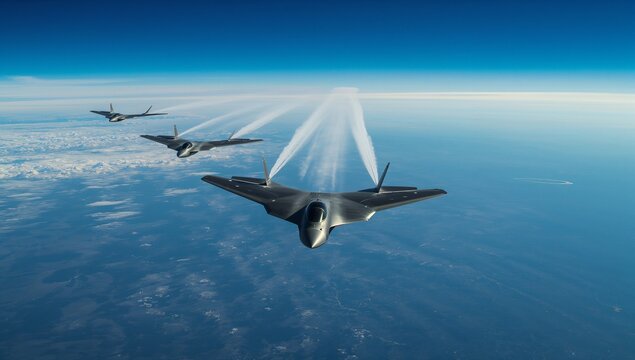 Sleek futuristic fighter jets flying over ocean against blue sky