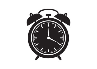 Classic Alarm Clock Icon, Black Silhouette, Vintage Timepiece Vector Illustration.