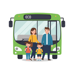 A family stands in front of a green ECO bus The family consists of two parents and two children with backpacks