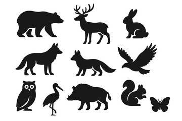 Obraz premium Wildlife silhouette vector icon set. Forest animals collection. Bear, deer, wolf, fox, eagle, owl, boar, squirrel, rabbit, butterfly. Black solid animal shapes for logo design.
