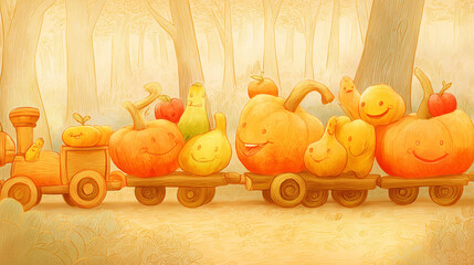 Charming Illustration: Miniature Train Made of Pumpkins Carrying Apples, Gourds, and Pumpkins through Autumn Forest, Smiling Faces on Pumpkins, Levity & Laughter Style