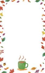 Warm Autumn Frame with Coffee Mug and Falling Leaves – Watercolor Style