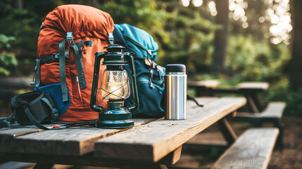 A close-up of camping gear, including a lantern, backpack, and a thermos placed on a wooden picnic table.