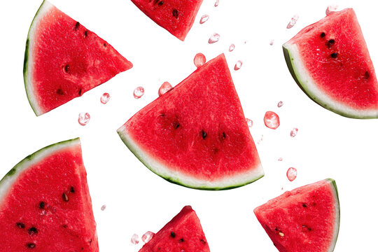 Slices of watermelon in mid-air,  vibrant red, scattered pieces