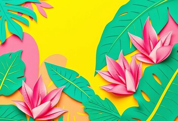 Naklejka premium Intricate paper cut tropical foliage; vibrant monstera leaves, abstract shapes, sunny yellow, teal, pink background, visual, craft