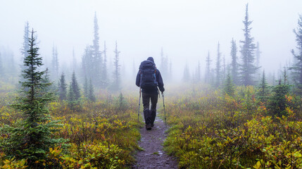 Fototapeta premium A hiker trekking through a dense fog, with only the silhouette of the trees visible in the mist.