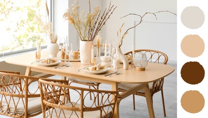 Elegant table setting with candles and floral decor in light dining room. Different color patterns