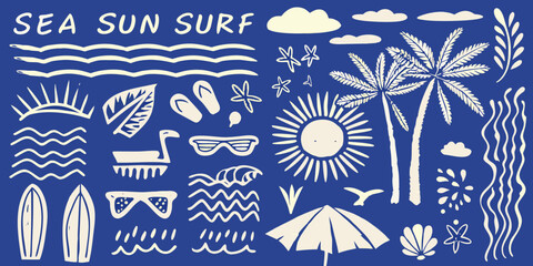 Naklejka premium Summer beach vacation elements collection with sun surf palm trees and tropical icons