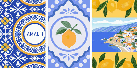 Amalfi coast italian village with lemons and blue white tile patterns