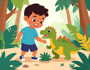 Naklejka premium Boy and Dinosaur Adventure in the Jungle Cartoon Illustration.