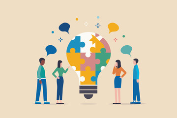 Diverse team collaborates on a colorful puzzle lightbulb symbolizing innovation and shared ideas