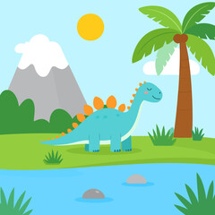 Friendly cartoon dinosaur in a prehistoric landscape.